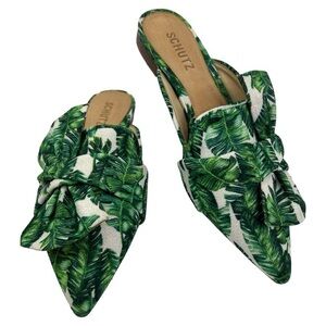 SCHUTZ WOMEN’S D’ANA PALM  LEAVE PRINT MULES SLIDES SZ 7.5